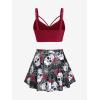 Rosegal Women Plus Size Gothic Tankini Swimsuit Rose Skulls Printed Ruched Two Piece Bathing Suits(Deep Red)