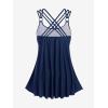 Rosegal Womens Plus Size Modest Skull Rose Print Rings Crisscross Boyshorts Tankini Swimsuit Set(Blue)