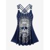 Rosegal Womens Plus Size Modest Skull Rose Print Rings Crisscross Boyshorts Tankini Swimsuit Set(Blue)