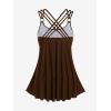 Rosegal Womens Plus Size Modest Skull Rose Print Rings Crisscross Boyshorts Tankini Swimsuit Set(Deep Coffee)