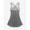 Rosegal Womens Plus Size Modest Skull Rose Print Rings Crisscross Boyshorts Tankini Swimsuit Set(Gray)