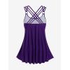 Rosegal Womens Plus Size Modest Skull Rose Print Rings Crisscross Boyshorts Tankini Swimsuit Set(Purple)