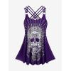 Rosegal Womens Plus Size Modest Skull Rose Print Rings Crisscross Boyshorts Tankini Swimsuit Set(Purple)