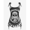 Rosegal Womens Plus Size Skull Rose Tie Dye Print Cinched Ruched Tie Boyshorts Tankini Swimsuit Set(Black)