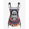 Rosegal Womens Plus Size Skull Rose Tie Dye Print Cinched Ruched Tie Boyshorts Tankini Swimsuit Set(Black_4)