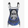 Rosegal Womens Plus Size Skull Rose Tie Dye Print Cinched Ruched Tie Boyshorts Tankini Swimsuit Set(Blue)