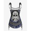 Rosegal Womens Plus Size Skull Rose Tie Dye Print Cinched Ruched Tie Boyshorts Tankini Swimsuit Set(Dark Gray)