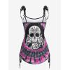 Rosegal Womens Plus Size Skull Rose Tie Dye Print Cinched Ruched Tie Boyshorts Tankini Swimsuit Set(Deep Red)
