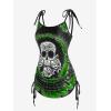 Rosegal Womens Plus Size Skull Rose Tie Dye Print Cinched Ruched Tie Boyshorts Tankini Swimsuit Set(Green)