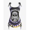 Rosegal Womens Plus Size Skull Rose Tie Dye Print Cinched Ruched Tie Boyshorts Tankini Swimsuit Set(Light Purple)