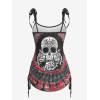 Rosegal Womens Plus Size Skull Rose Tie Dye Print Cinched Ruched Tie Boyshorts Tankini Swimsuit Set(Red_3)