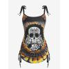 Rosegal Womens Plus Size Skull Rose Tie Dye Print Cinched Ruched Tie Boyshorts Tankini Swimsuit Set(Yellow_1)
