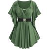 ROSE GAL Plus Size Chain Panel Belted Butterfly Sleeve Surplice Top(Green)