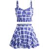 ROSE GAL Plus Size Ruffles Flounce Padded Plaid Three Piece Skirt Tankini Swimsuit(Blue)