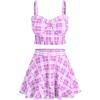 ROSE GAL Plus Size Ruffles Flounce Padded Plaid Three Piece Skirt Tankini Swimsuit(Pink)