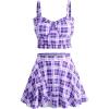 ROSE GAL Plus Size Ruffles Flounce Padded Plaid Three Piece Skirt Tankini Swimsuit(Purple)