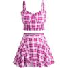 ROSE GAL Plus Size Ruffles Flounce Padded Plaid Three Piece Skirt Tankini Swimsuit(Red)