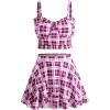 ROSE GAL Plus Size Ruffles Flounce Padded Plaid Three Piece Skirt Tankini Swimsuit(Wine Red)
