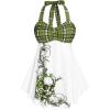 ROSE GAL Womens Plus Size Curve Halter Plaid Skull Print Backless Gothic Modest Tankini Swimsuit Set(Green_10)