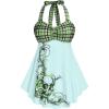 ROSE GAL Womens Plus Size Curve Halter Plaid Skull Print Backless Gothic Modest Tankini Swimsuit Set(Green_12)