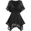 ROSE GAL Women’s Plus Size Flower Lace T-Shirt Curve Flower Lace Insert Criss Cross Batwing Sleeve Handkerchief Top(Black)