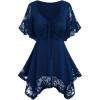 ROSE GAL Women’s Plus Size Flower Lace T-Shirt Curve Flower Lace Insert Criss Cross Batwing Sleeve Handkerchief Top(Blue)