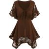 ROSE GAL Women’s Plus Size Flower Lace T-Shirt Curve Flower Lace Insert Criss Cross Batwing Sleeve Handkerchief Top(Coffee)
