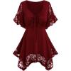 ROSE GAL Women’s Plus Size Flower Lace T-Shirt Curve Flower Lace Insert Criss Cross Batwing Sleeve Handkerchief Top(Red)
