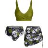 Rosegal Plus Size Women 3 Piece Tankini Swimsuit Gothic Skull Rose Spider Web Print Twist Bathing Suit(Green)