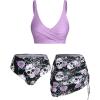 Rosegal Plus Size Women 3 Piece Tankini Swimsuit Gothic Skull Rose Spider Web Print Twist Bathing Suit(Light Purple)