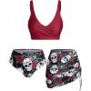 Rosegal Plus Size Women 3 Piece Tankini Swimsuit Gothic Skull Rose Spider Web Print Twist Bathing Suit(Red)