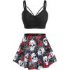 Rosegal Women Plus Size Gothic Tankini Swimsuit Rose Skulls Printed Ruched Two Piece Bathing Suits(Black)