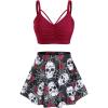 Rosegal Women Plus Size Gothic Tankini Swimsuit Rose Skulls Printed Ruched Two Piece Bathing Suits(Deep Red)