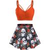 Rosegal Women Plus Size Gothic Tankini Swimsuit Rose Skulls Printed Ruched Two Piece Bathing Suits(Orange)