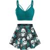 Rosegal Women Plus Size Gothic Tankini Swimsuit Rose Skulls Printed Ruched Two Piece Bathing Suits(Peacock Blue)