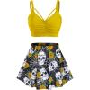 Rosegal Women Plus Size Gothic Tankini Swimsuit Rose Skulls Printed Ruched Two Piece Bathing Suits(Yellow)