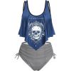 Rosegal Womens Plus Size Curve Gothic Skull Print Ruffled Overlay Tankini Swimwear Set(Blue)