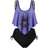 Rosegal Womens Plus Size Curve Gothic Skull Print Ruffled Overlay Tankini Swimwear Set(Purple)