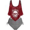 Rosegal Womens Plus Size Curve Gothic Skull Print Ruffled Overlay Tankini Swimwear Set(Red)