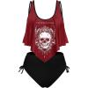 Rosegal Womens Plus Size Curve Gothic Skull Print Ruffled Overlay Tankini Swimwear Set(Red_1)