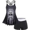 Rosegal Womens Plus Size Modest Skull Rose Print Rings Crisscross Boyshorts Tankini Swimsuit Set(Black_3)
