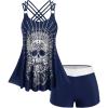 Rosegal Womens Plus Size Modest Skull Rose Print Rings Crisscross Boyshorts Tankini Swimsuit Set(Blue)