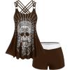 Rosegal Womens Plus Size Modest Skull Rose Print Rings Crisscross Boyshorts Tankini Swimsuit Set(Deep Coffee)