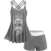 Rosegal Womens Plus Size Modest Skull Rose Print Rings Crisscross Boyshorts Tankini Swimsuit Set(Gray)