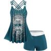 Rosegal Womens Plus Size Modest Skull Rose Print Rings Crisscross Boyshorts Tankini Swimsuit Set(Green)
