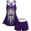 Rosegal Womens Plus Size Modest Skull Rose Print Rings Crisscross Boyshorts Tankini Swimsuit Set(Purple)
