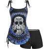 Rosegal Womens Plus Size Skull Rose Tie Dye Print Cinched Ruched Tie Boyshorts Tankini Swimsuit Set(Blue)