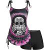 Rosegal Womens Plus Size Skull Rose Tie Dye Print Cinched Ruched Tie Boyshorts Tankini Swimsuit Set(Deep Red)