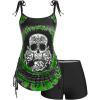 Rosegal Womens Plus Size Skull Rose Tie Dye Print Cinched Ruched Tie Boyshorts Tankini Swimsuit Set(Green)
