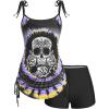 Rosegal Womens Plus Size Skull Rose Tie Dye Print Cinched Ruched Tie Boyshorts Tankini Swimsuit Set(Light Purple)